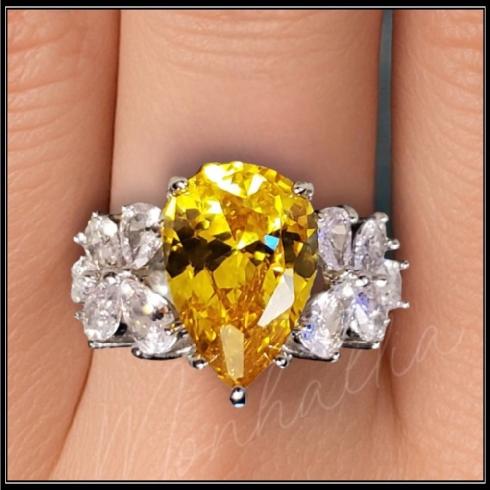 NEW 925 SILVER CITRINE PEAR SIMULATED DIAMOND CLUSTER CANARY YELLOW RING